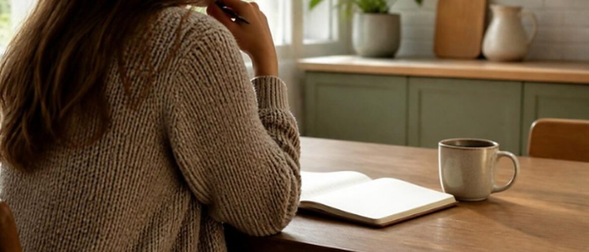 Person sitting at a kitchen table with a notebook and a cup of tea, thinking through questions for an upcoming appointment.