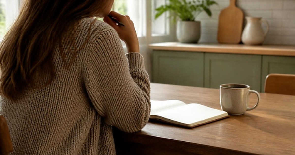 Person sitting at a kitchen table with a notebook and a cup of tea, thinking through questions for an upcoming appointment.