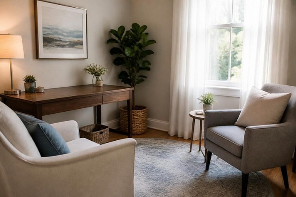 Quiet consultation room with two chairs and a plant, set up for a one-on-one conversation.