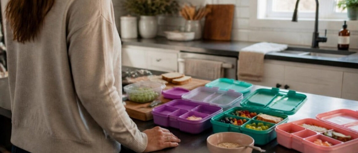 Parent pausing at a busy kitchen counter among school lunch boxes on a weekday morning