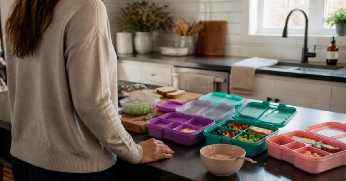 Parent pausing at a busy kitchen counter among school lunch boxes on a weekday morning